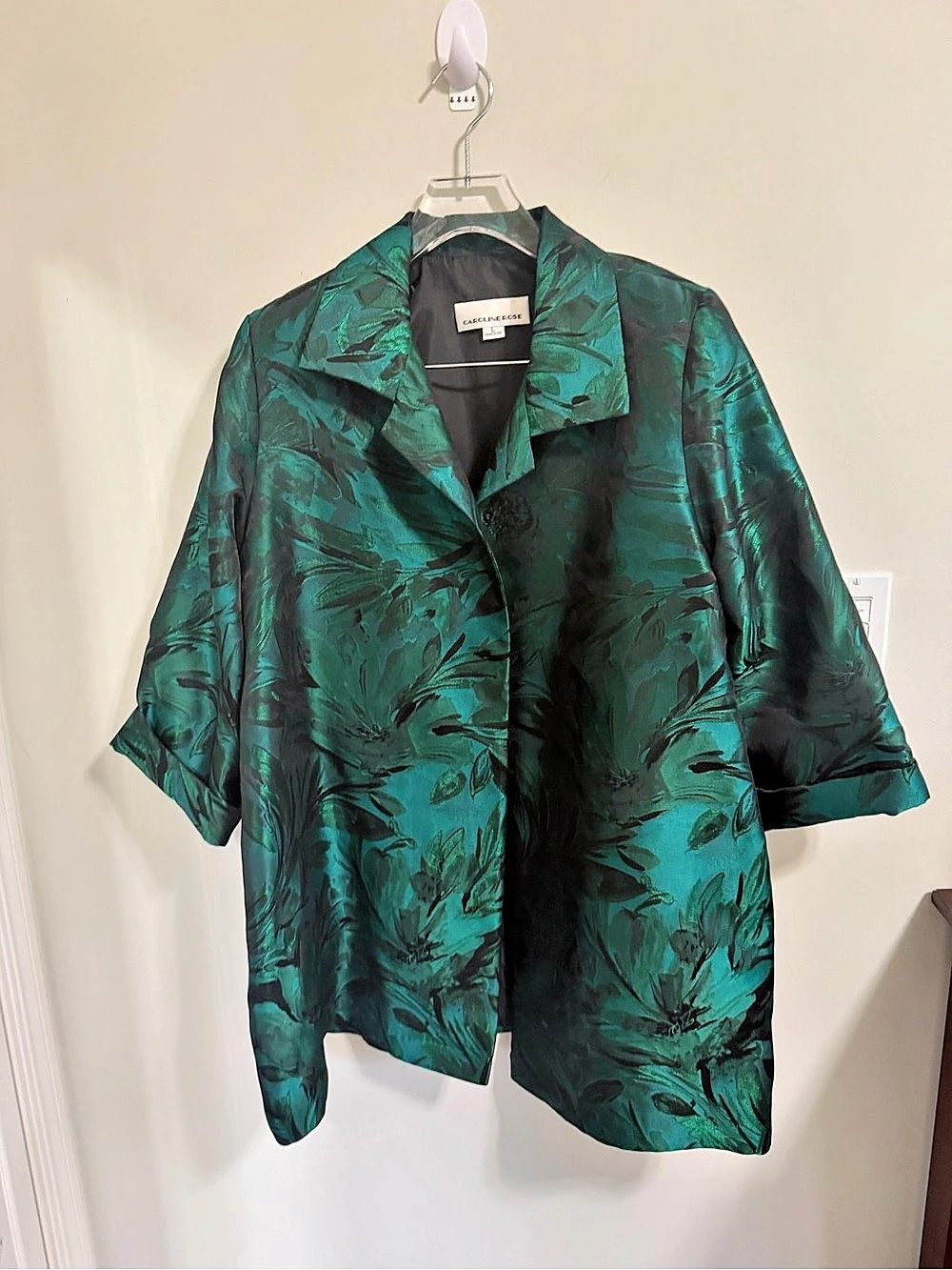 Caroline Rose Emerald Green Botanical Jacquard Statement Jacket